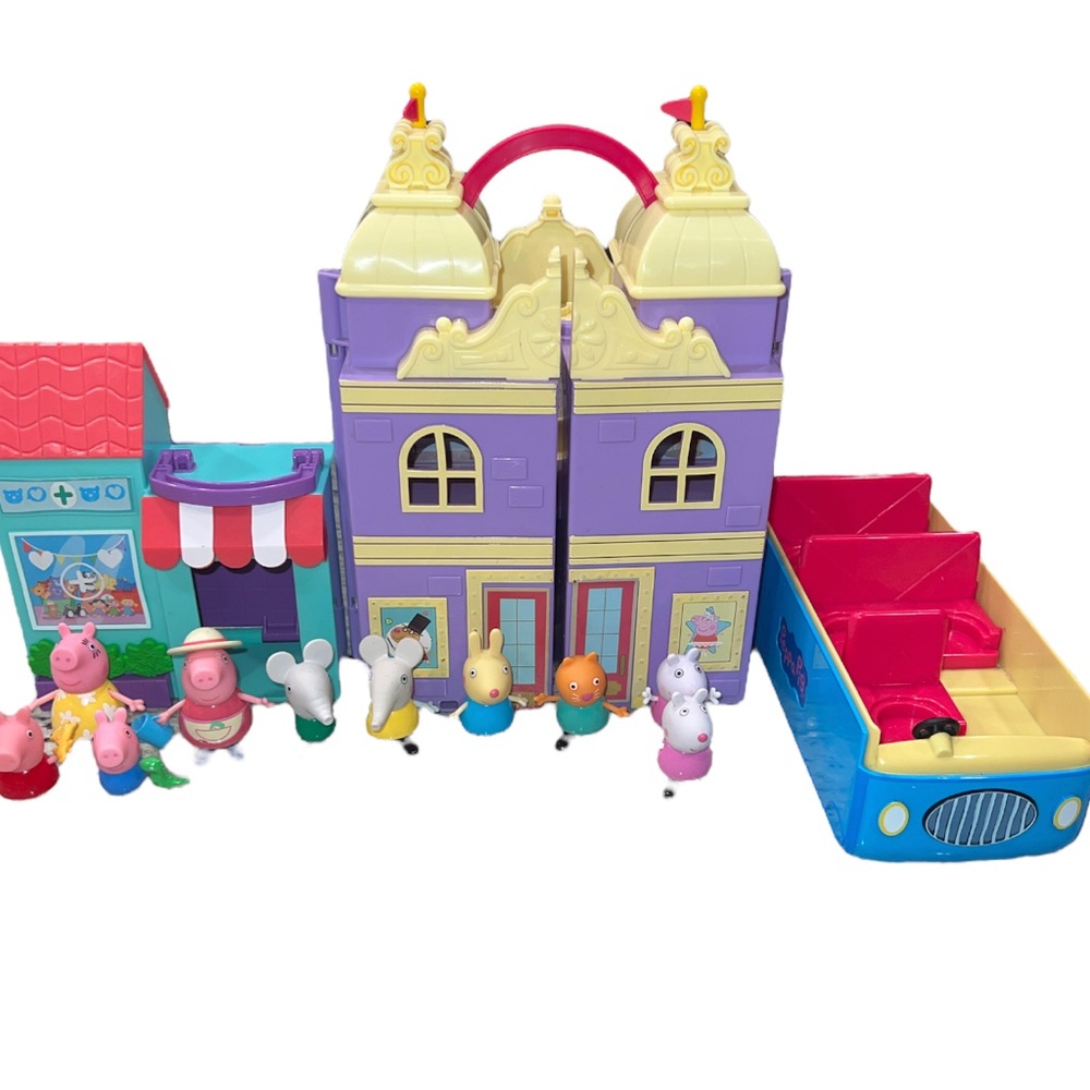 Lot of 13 Peppa Pig Large House Hospital Bus & Figures.